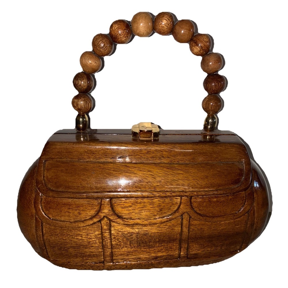 Timmy Woods Bag Wood Beaded Handle Acacia Gold 9x5.5" Vintage *replaced lining